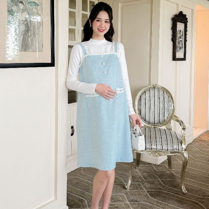 Medyla - yếm bầu công sở thu đông dạ xanh phối viền trắng giữ ấm cho mẹ bầu - vta1657