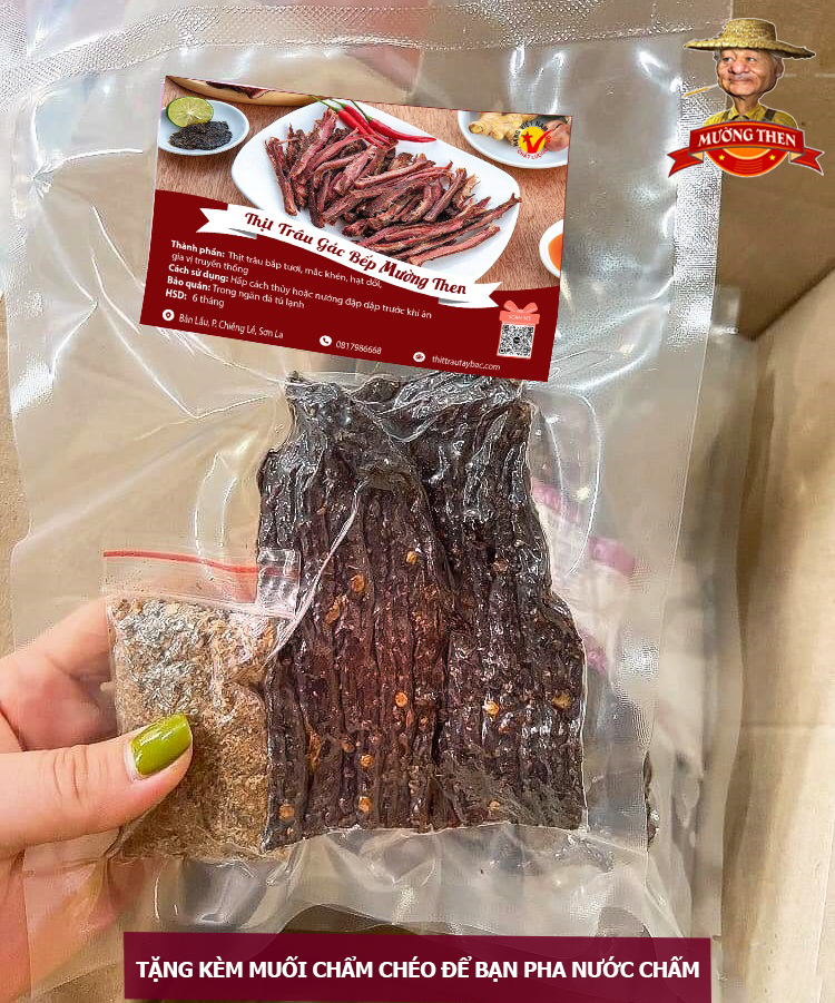 Thịt Trâu Gác Bếp Tây Bắc 1Kg (tặng chẩm chéo) thịt trâu khô hun khói đóng túi hút chân không đồ ăn vặt ngon sạch Mường Then
