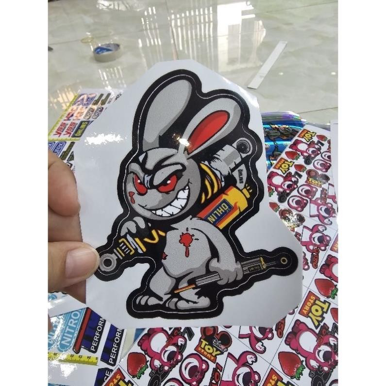 Tem sticker thỏ điên cầm phuộc OH 10cm