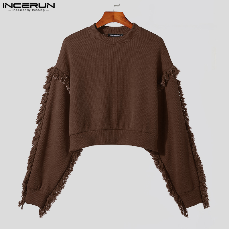 INCERUN Mens Long Sleeve Crew Neck Plain Knitted Stylish Pullover Fringed Cropped Sweater