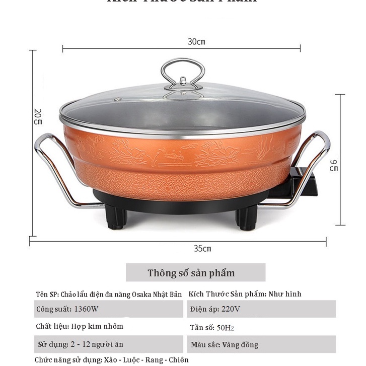 Chảo lẩu điện đa năng chống dính hình tròn - Nồi lẩu điện 30cm Osaka 7903S siêu bền nắp kính tặng kèm xửng hấp