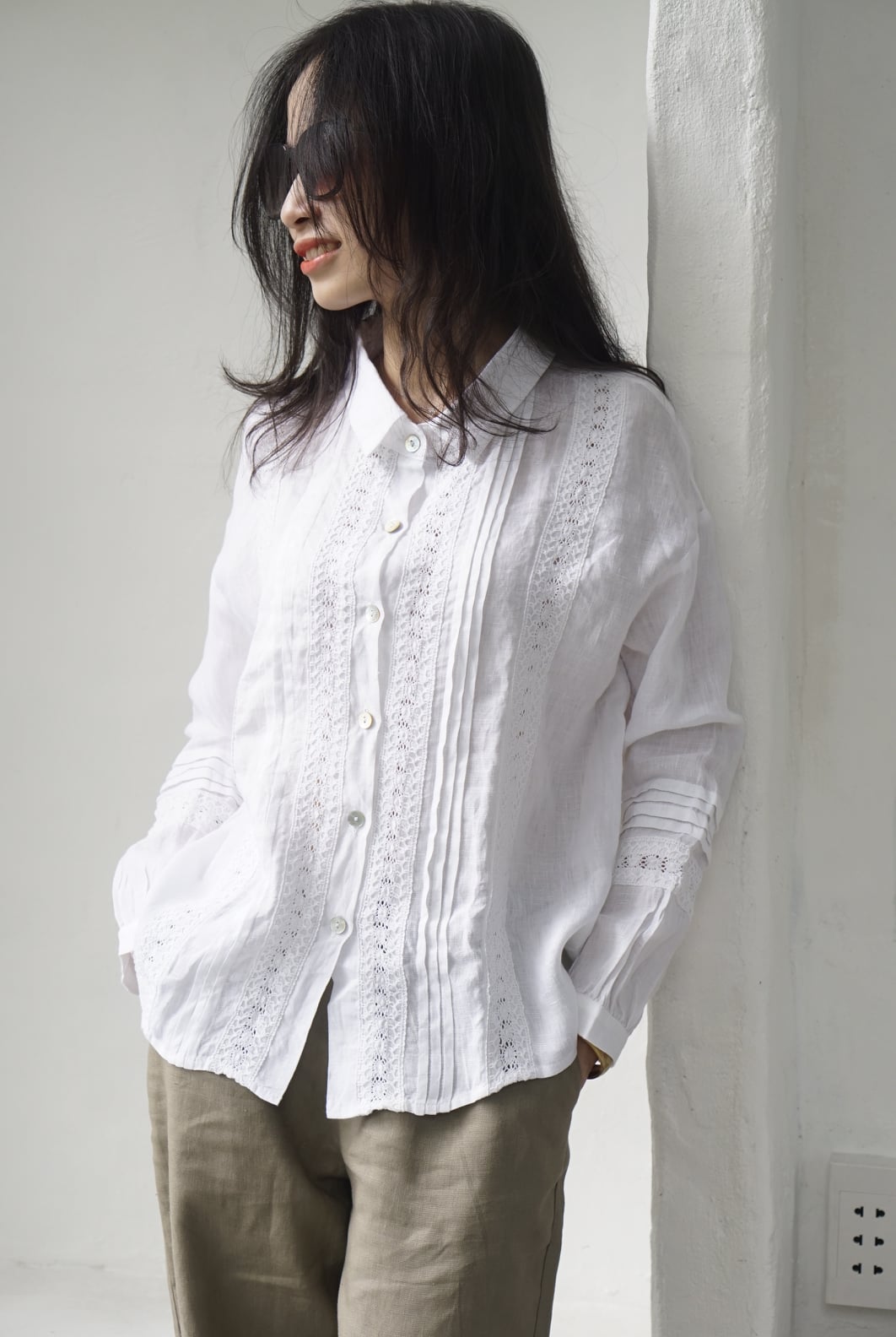 Áo sơ mi linen phối crochet CIRA - MaxMessi
