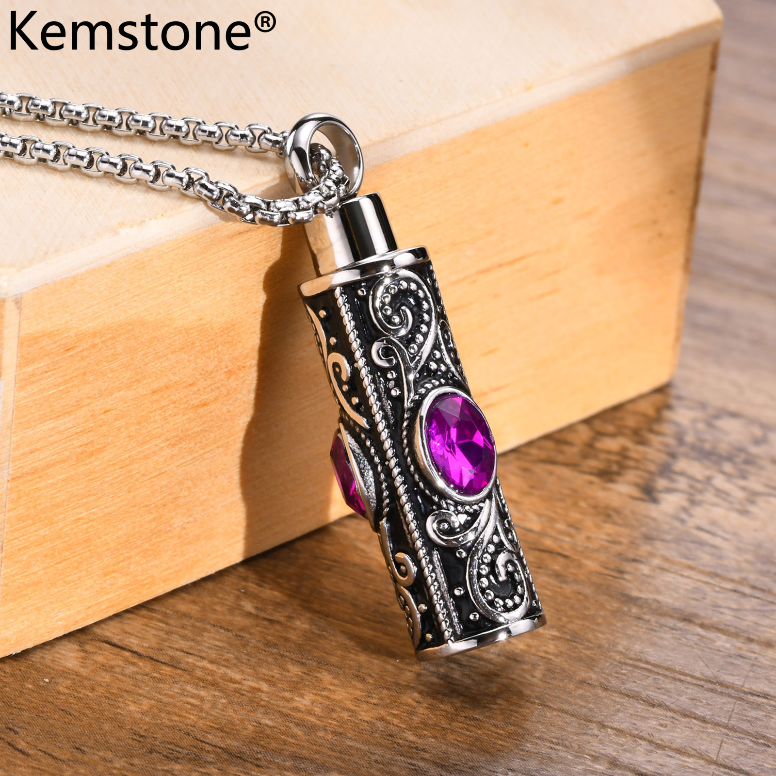 Kemstone Vintage Stainless Steel Can Be Opened Purple Green Red White Cinerary Casket Bottle Pendant Necklace Jewelry for Men