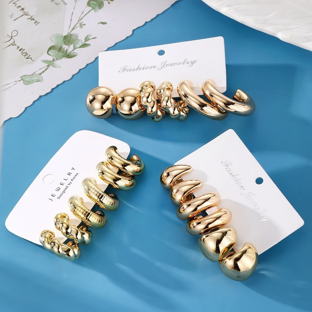 New 2024 3Pcs/Set Elegant Women Gold Metal Geometric Water Drop Twist Earrings Accessories Jewelry.