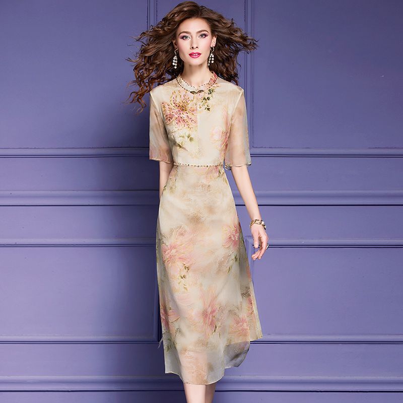2023 New Chinese Silk Dress Women's Summer Chinoiserie Elegant Ladies Midi Dresses Retro Printed Silk Cheongsam Dress