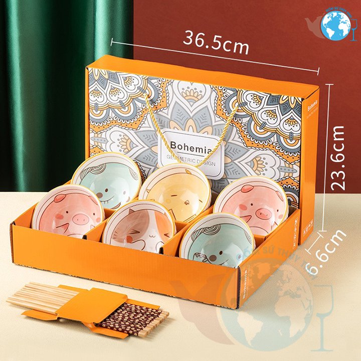 Bộ 6 chén hình con vật dễ thương cao cấp kèm 6 đũa hàng có hộp đẹp làm quà tặng, hàng cao cấp nhập khẩu , 6 chén 6 đũa cực xinh