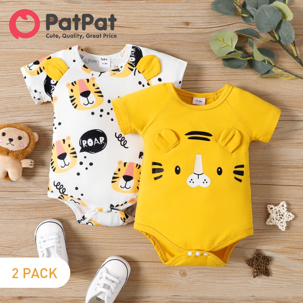 PatPat Suits 2pcs Baby Boy Girl Clothes Cartoon Tiger Print 3D Ears  Short-sleeve Rompers Jumpsuits Set | Lazada