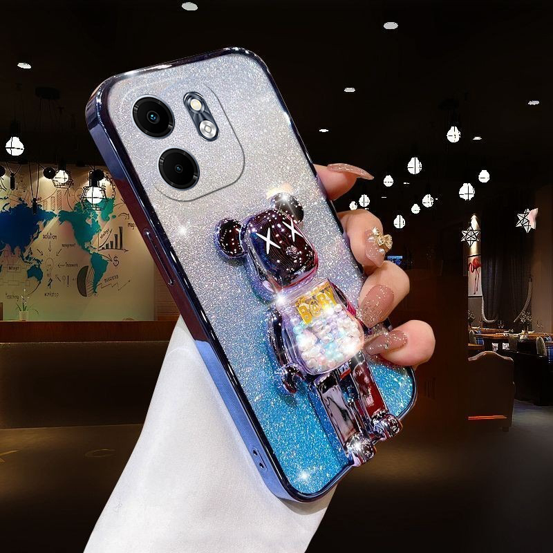 For infinix Smart 9 Case with Cartoon 3D Bear Stand Luxury Slim Gradient Plating Glitter Girls Stylish For infinix Smart9 Back Cover. 