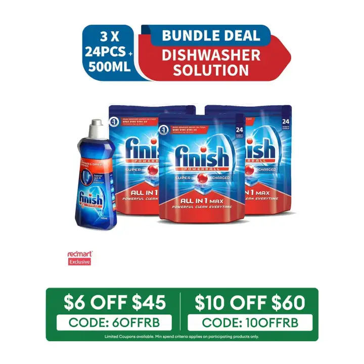 Finish Dishwasher Rinse Aid 500ML X1 Plus Finish All In One Max Powerball Dishwasher Tablets 24S X3