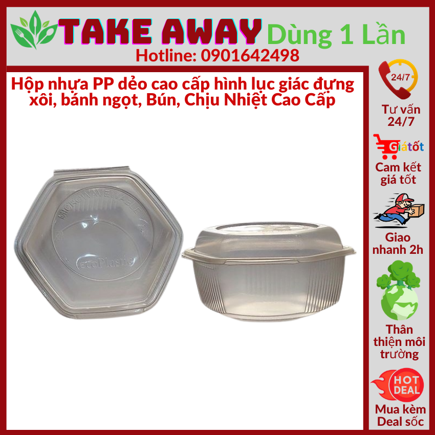 100 Hộp đựng xôi bánh ngọt chè nhựa PP dẻo cao cấp hình lục giác - Take Away Dùng 1 Lần