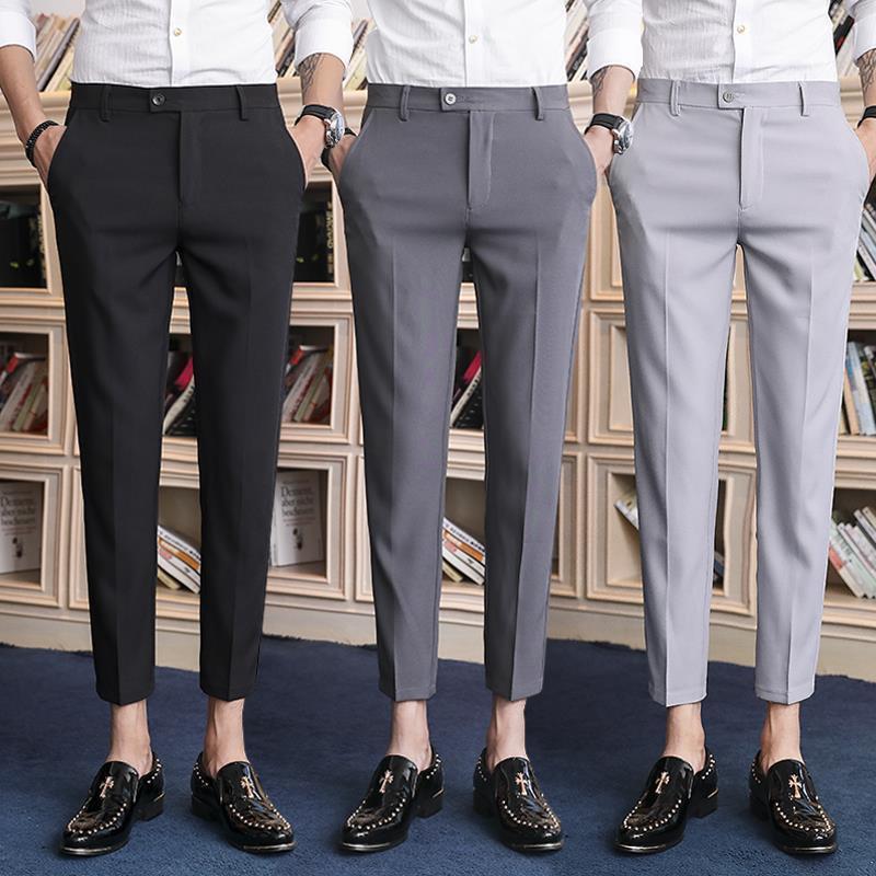 Men's Formal Pants Ankle Trousers Business Casual Fashion Elastic Slim Fit  Straight Pant Office korean Black Pant | Lazada Singapore