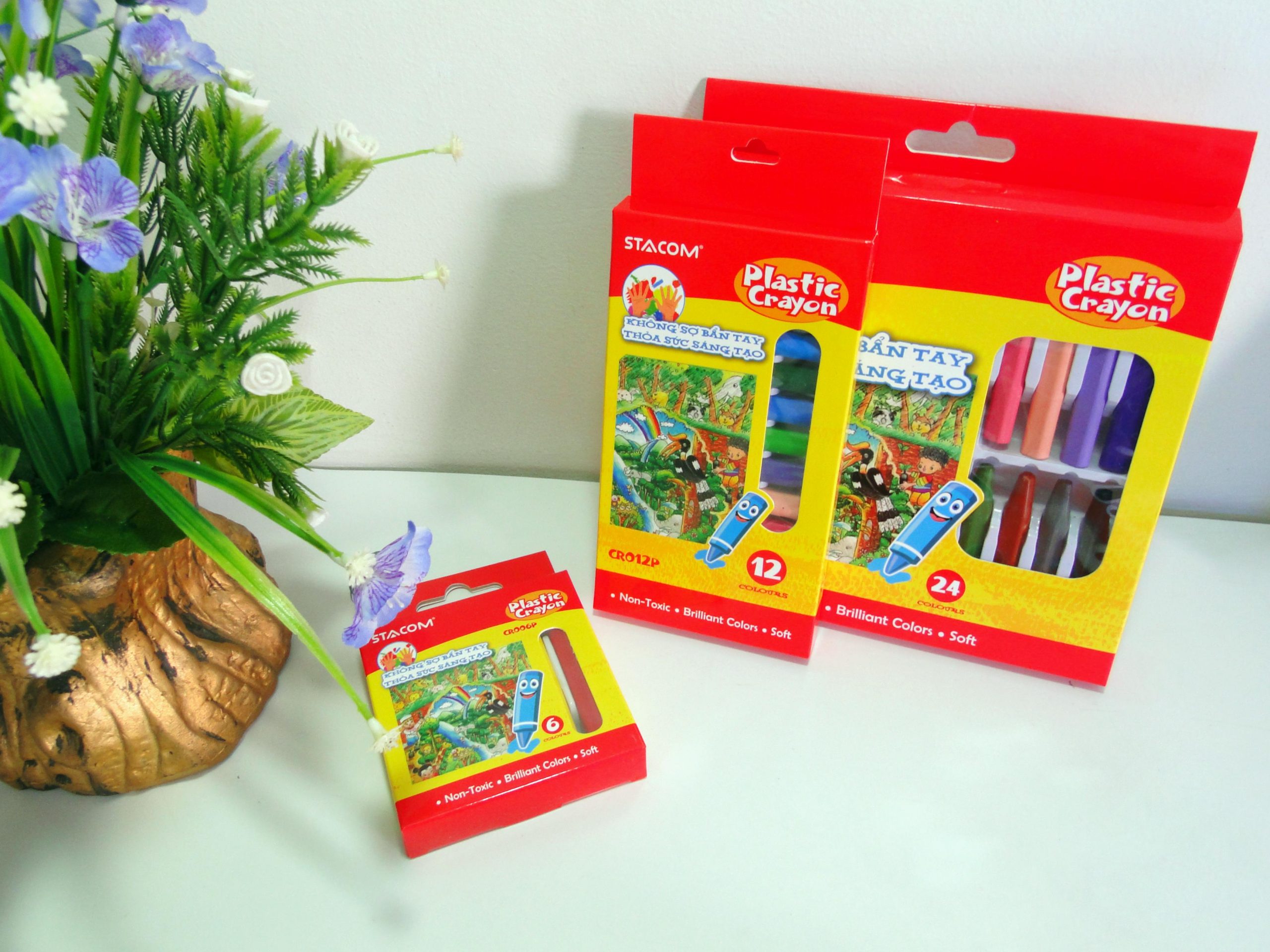 Sáp Màu Học Sinh Plastic Crayon STACOM Với 6/12/24 Màu - CR006P/CR012P/CR024P - Hạn Chế Bẩn Tay