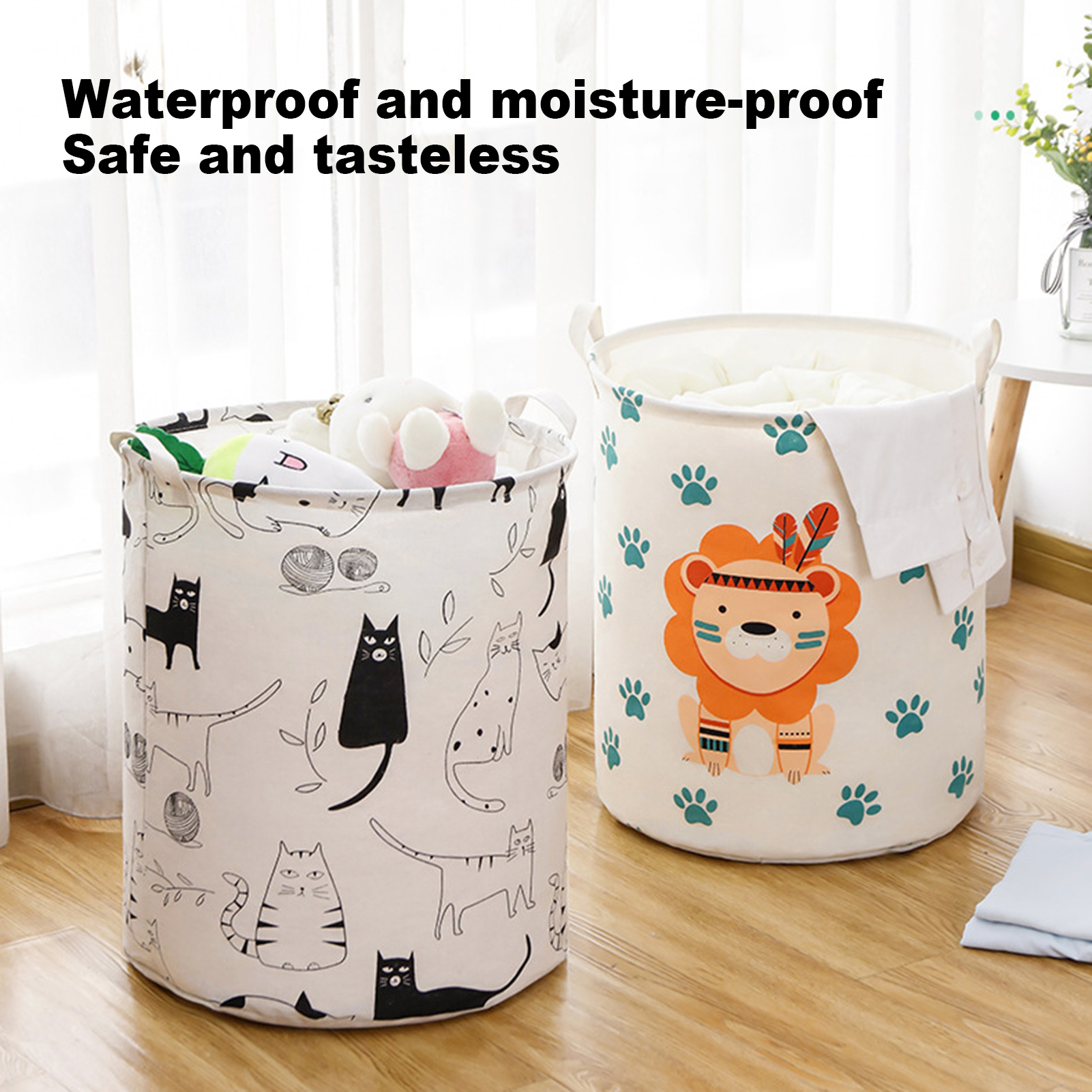 homesir Folding Laundry Basket Large Capacity Cartoon Pattern Sturdy Handle Comfortable Grip Cotton Cute Animal Print Socks Underwear Laundry Hamper Household Products