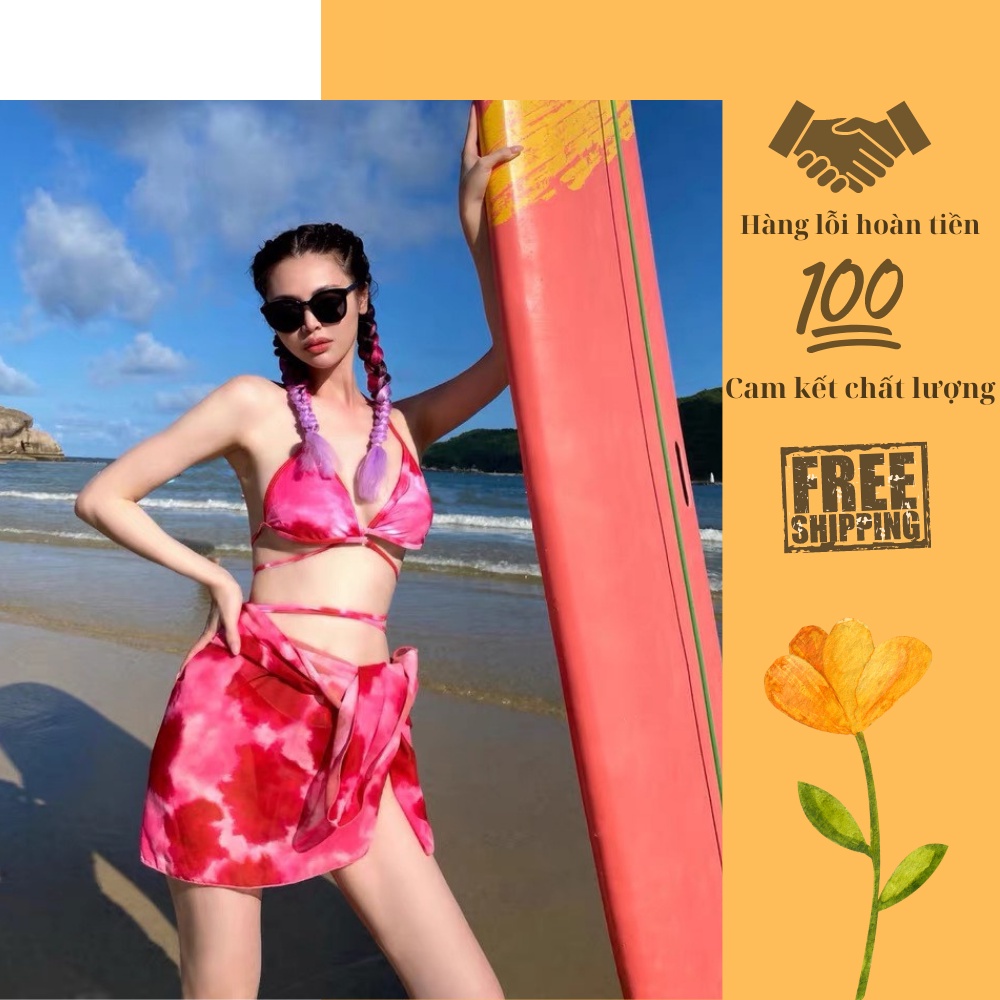Set bikini 3 món loang đỏ kèm khăn voan cao cấp
