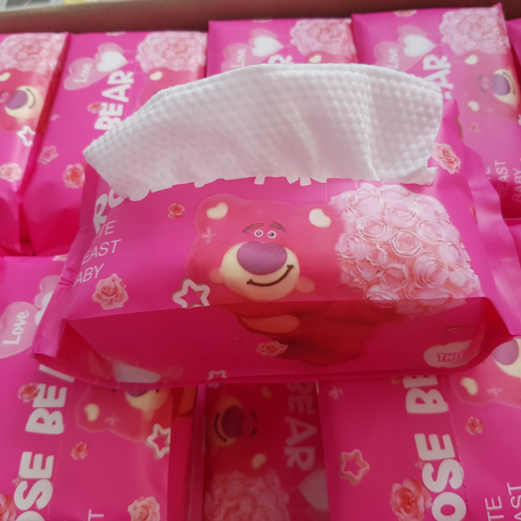 Khăn lau mặt gấu dâu rose bear dùng một lần - khăn lau khô, khăn lau ướt, khăn lau đa năng, khăn gấu dâu hãng thiên phúc