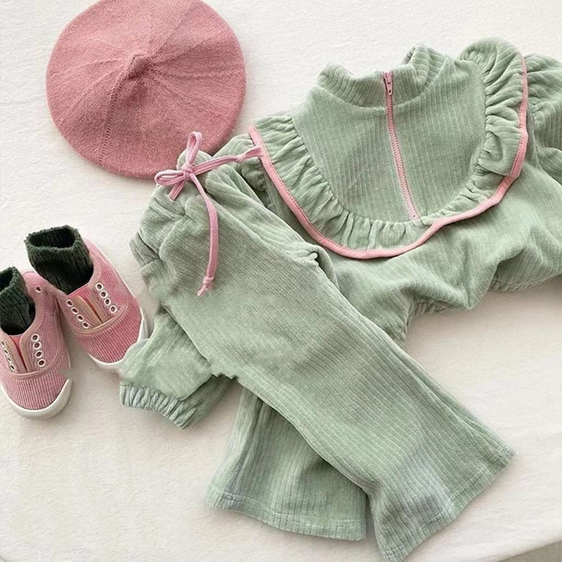 YA ZHOU LONG Children's spring and autumn clothes, girls' corduroy sweatshirt sweatpants two-piece set, baby fashionable little fragrance suit