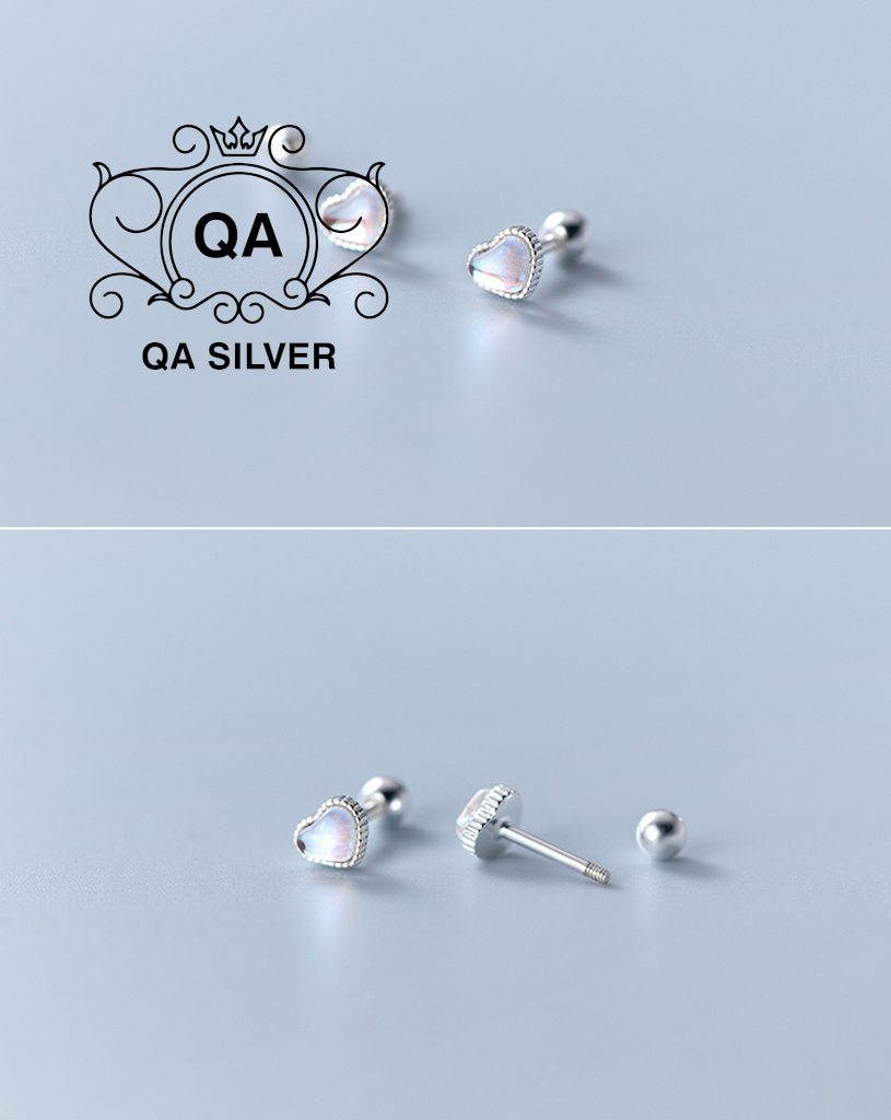 Khuyên tai bạc 925 trái tim đính đá chốt bi vặn ánh xà cừ bông nụ nam nữ S925 HEART QA SILVER Earrings EA220402