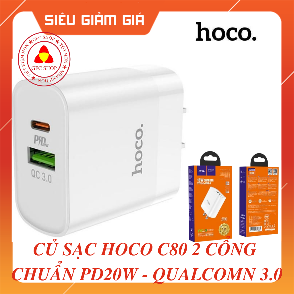 Củ sạc nhanh hoco c80 2 cổng pd 18w, sạc nhanh 3.1a, qualcomm 3.0