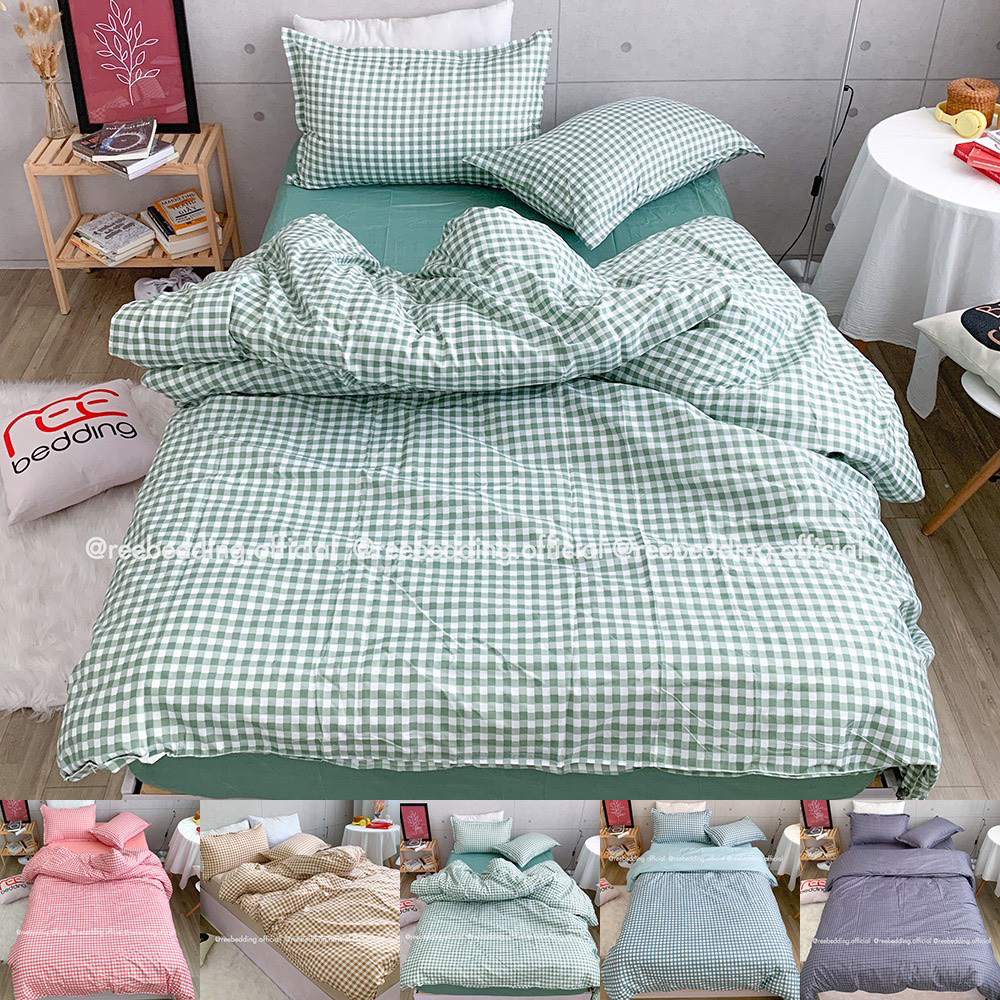 Bộ chăn ga gối poly cotton ree bedding sọc caro đủ size giường nệm 1m2, 1m4, 1m6, 1m8, 2m