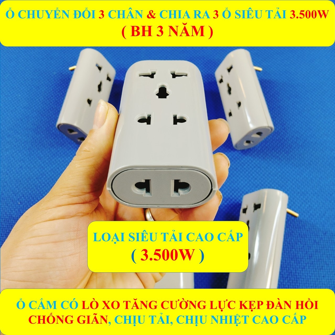 Ổ cắm chuyển đổi 3 chấu, chia 3 SIÊU TẢI 3500W HÀNG LOẠI 1 + (BH 3 NĂM) + Chia 3 ổ đa năng cao cấp (bộ 1 sản phẩm)