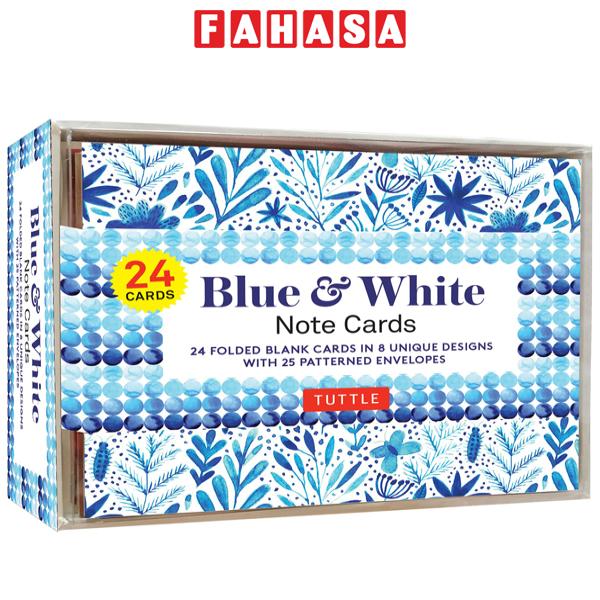 Fahasa - Blue & White Note Cards, 24 Blank Cards: 8 Unique Designs With 25 Patterned Envelopes
