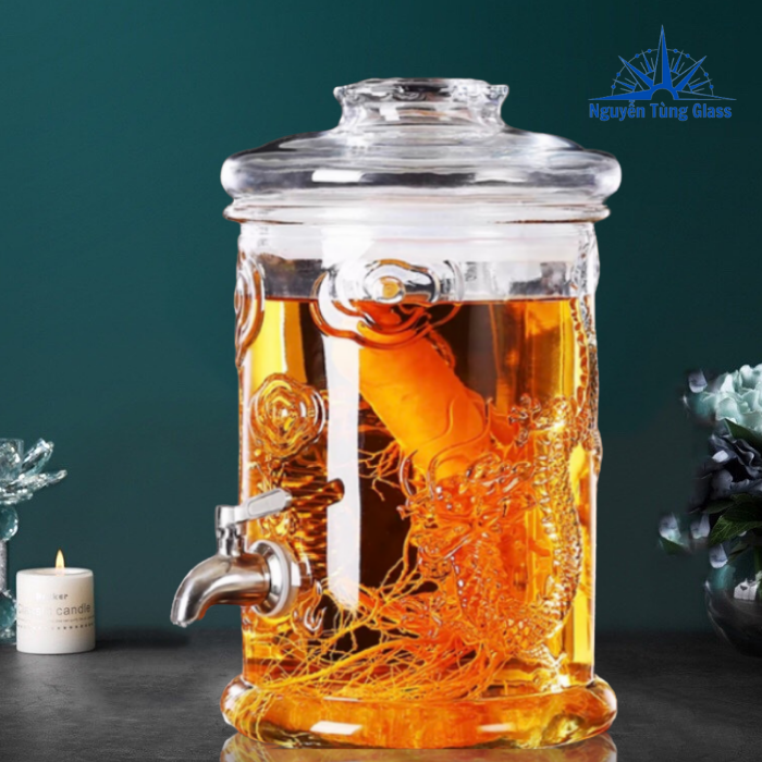 Bình Thủy Tinh Trụ Rồng Ngâm Rưou 5 Lít (Có Vòi)