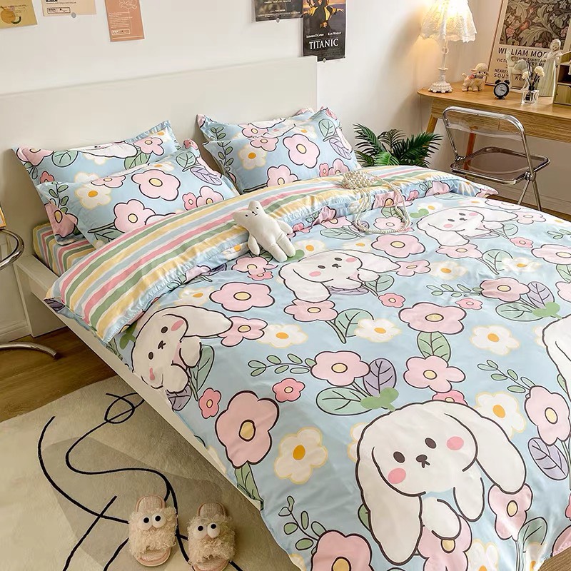 Bộ chăn ga gối cotton poly - Mẫu thỏ hoa hồng