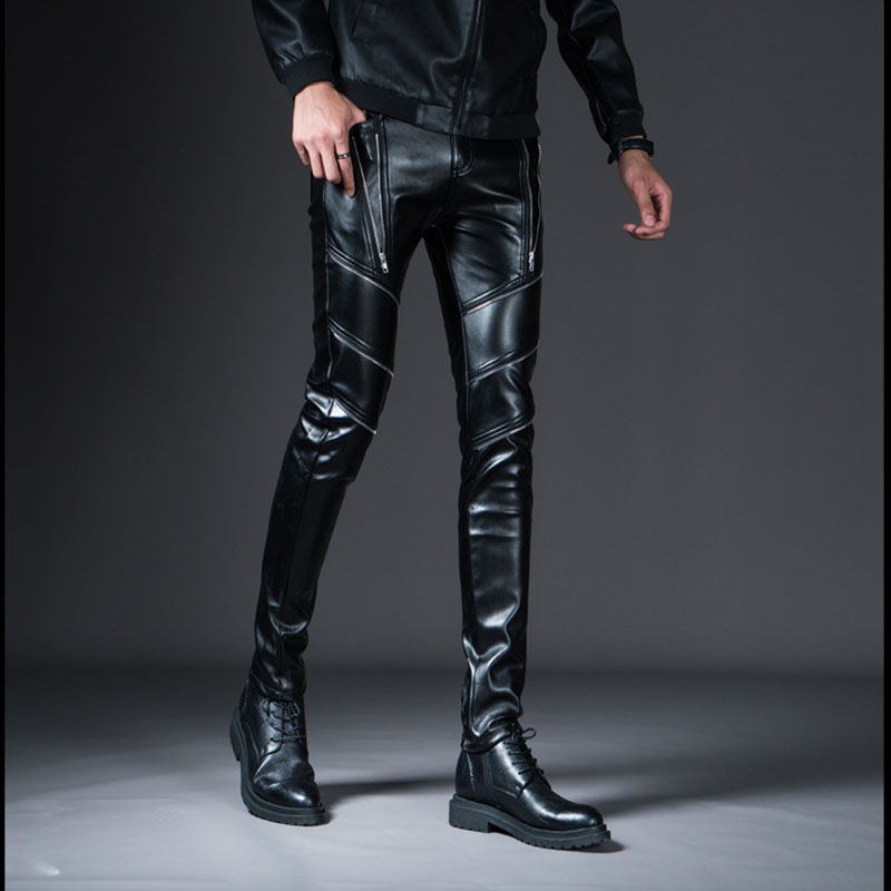 High Quality New Fashion Men Elastic Waist Leather Pants Black PU