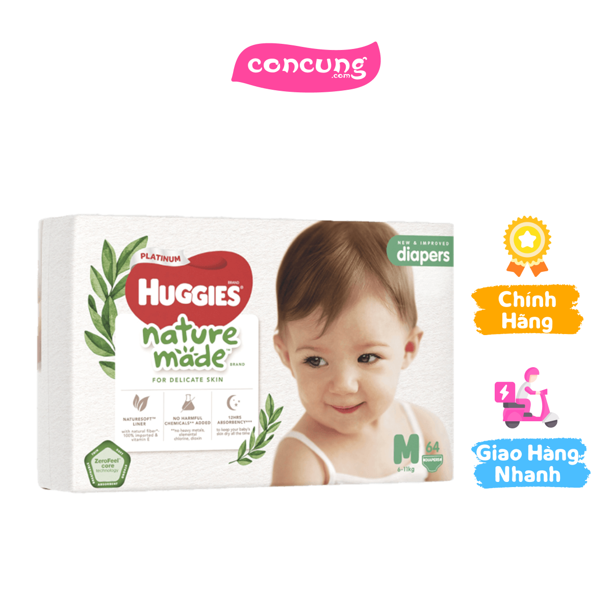 Bỉm tã dán Huggies Platinum Nature Made size M 64 miếng (6-11kg)