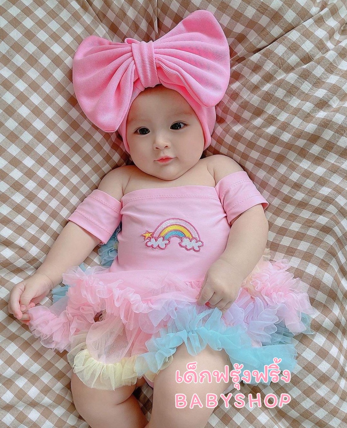 (รหัส ม6)(ชุดปาดไหล่รุ้งใหม่ชมพูพาสเทล)ชุดเด็ก
