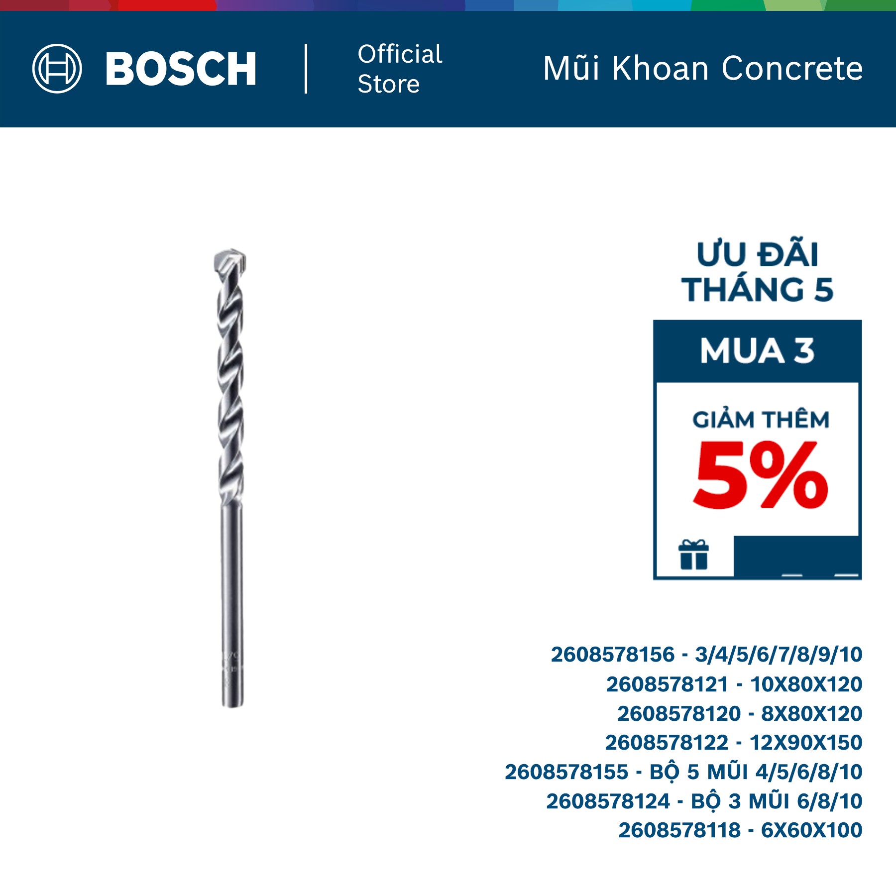 Mũi khoan tường Bosch chuôi kẹp Concrete