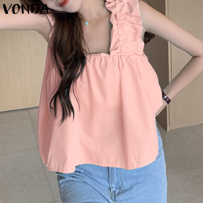 VONDA%20Womens%20Fashion%20Puff%20Design%20Street%20Casual%20Vests%20Square%20Neck%20Ruffled%20Tanks%20Tops%20(Korean%20Floral)%20-%20Image%202