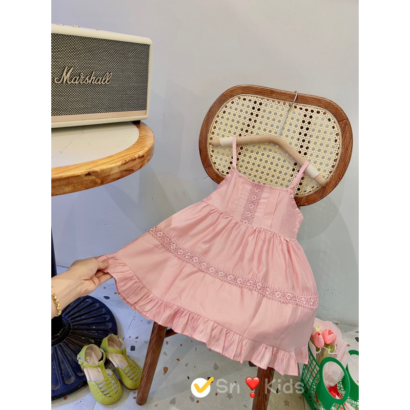 Váy đầm 2 dây ren trắng hồng cho bé gái