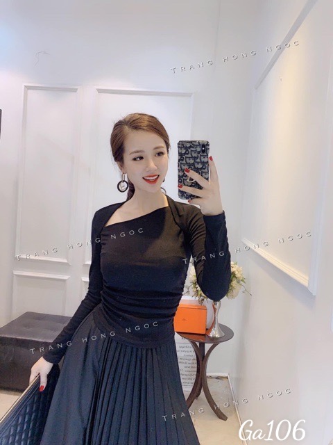 Áo kiểu nữ tay dài cổ rộng cách điệu nhúng 2 bên thun lụa Ga106