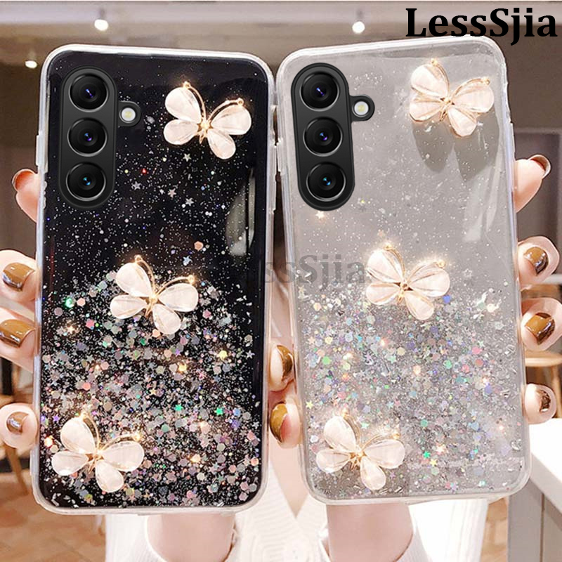 Phone cover Samsung Galaxy S24 FE 24 Ultra Back case Sparkling Star Moon Soft Silicone Transparent Butterfly Pattern Anti Drop For Samsung S24 Ultra Plus S24 FE Phone cases.