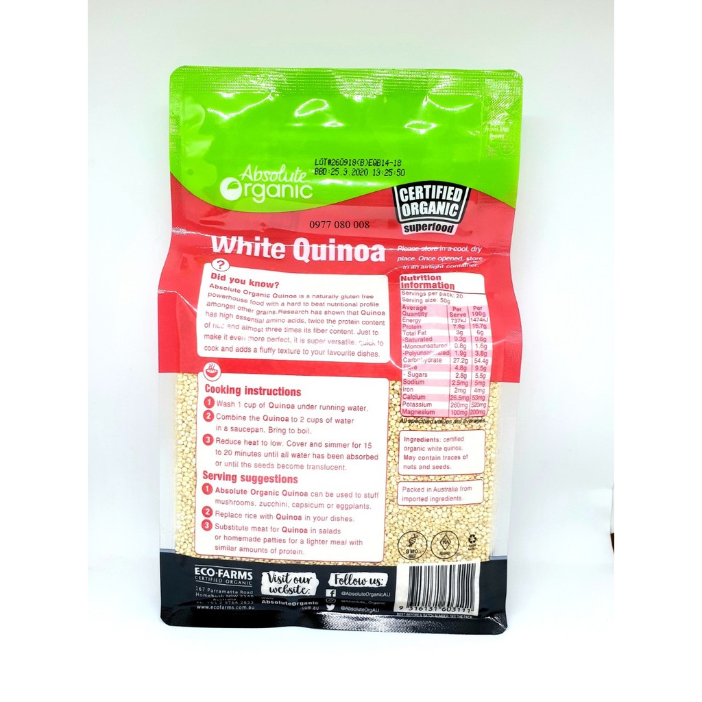Hạt Diêm Mạch Trắng Absolute Organic White Quinoa 1kg