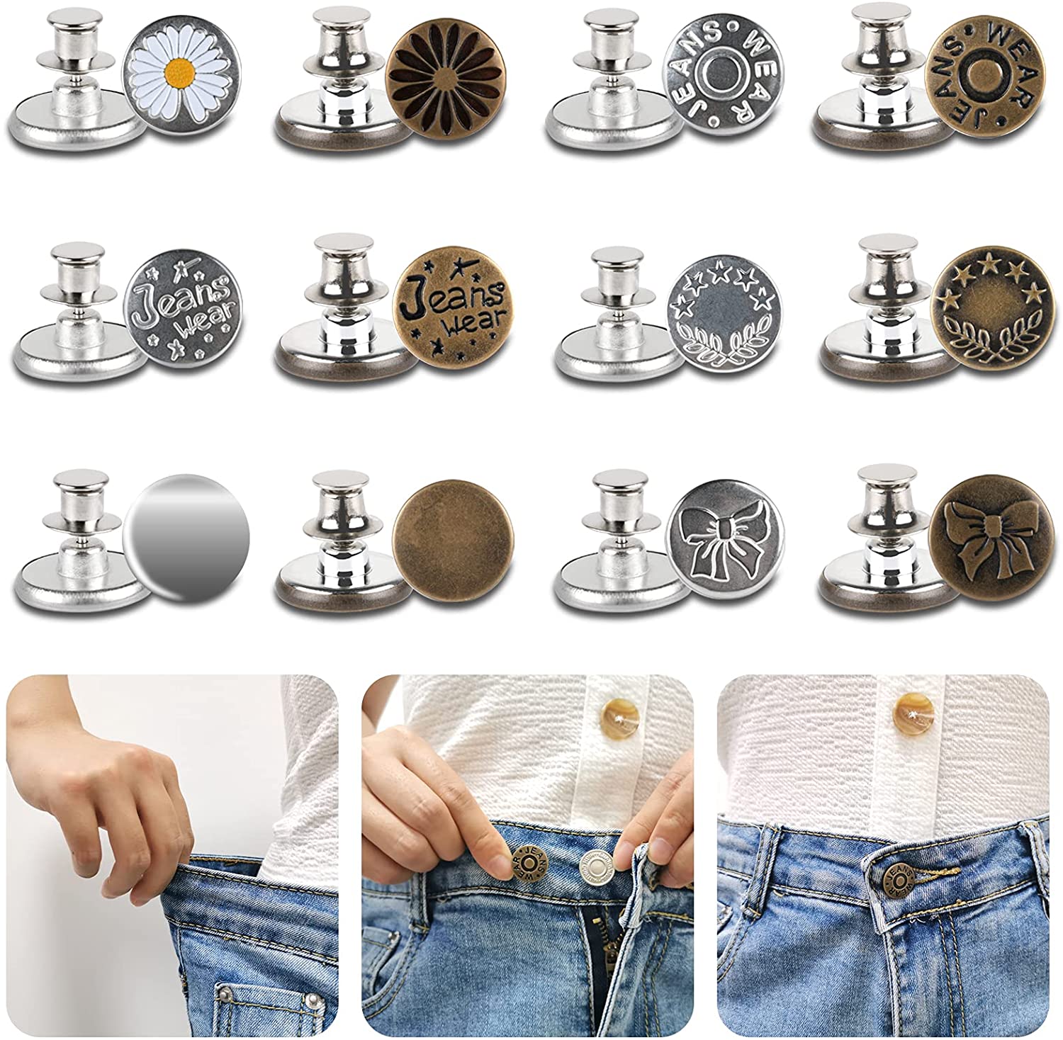 Jean Button Pins, Adjustable Button Pins for Jeans, No Sew Buttons