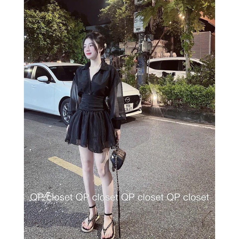 Set áo sơ mi lụa cổ bẻ mix chân váy siêu sang