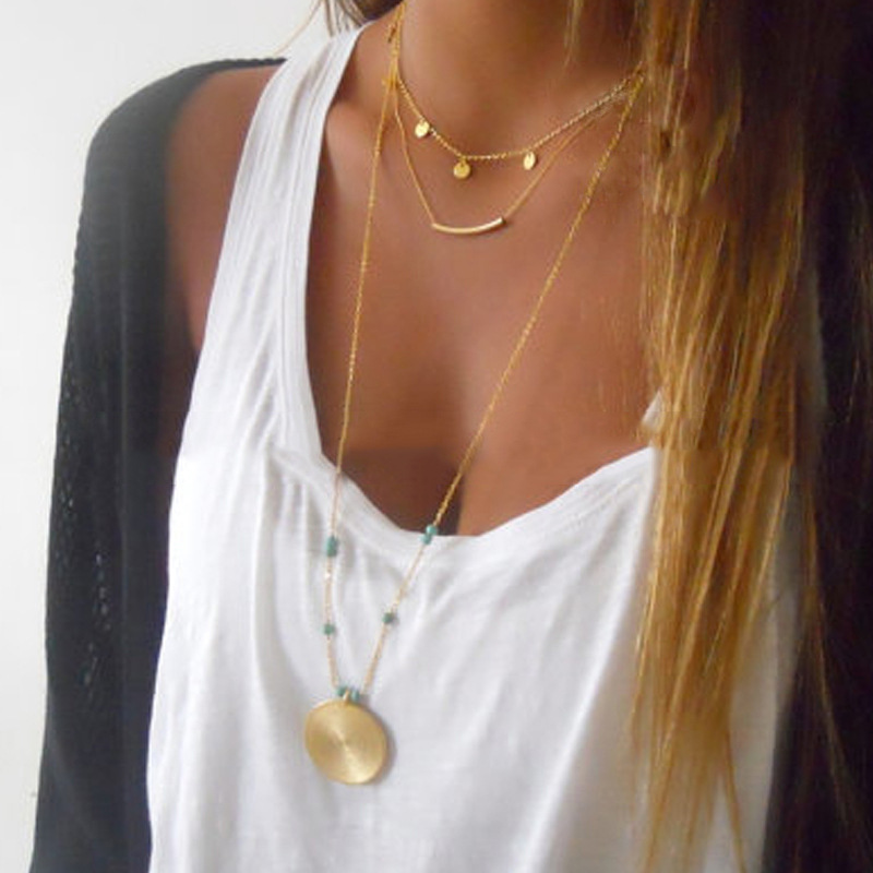 Street Style Long Chain Pendant Necklace Round Sequins Metal Stick