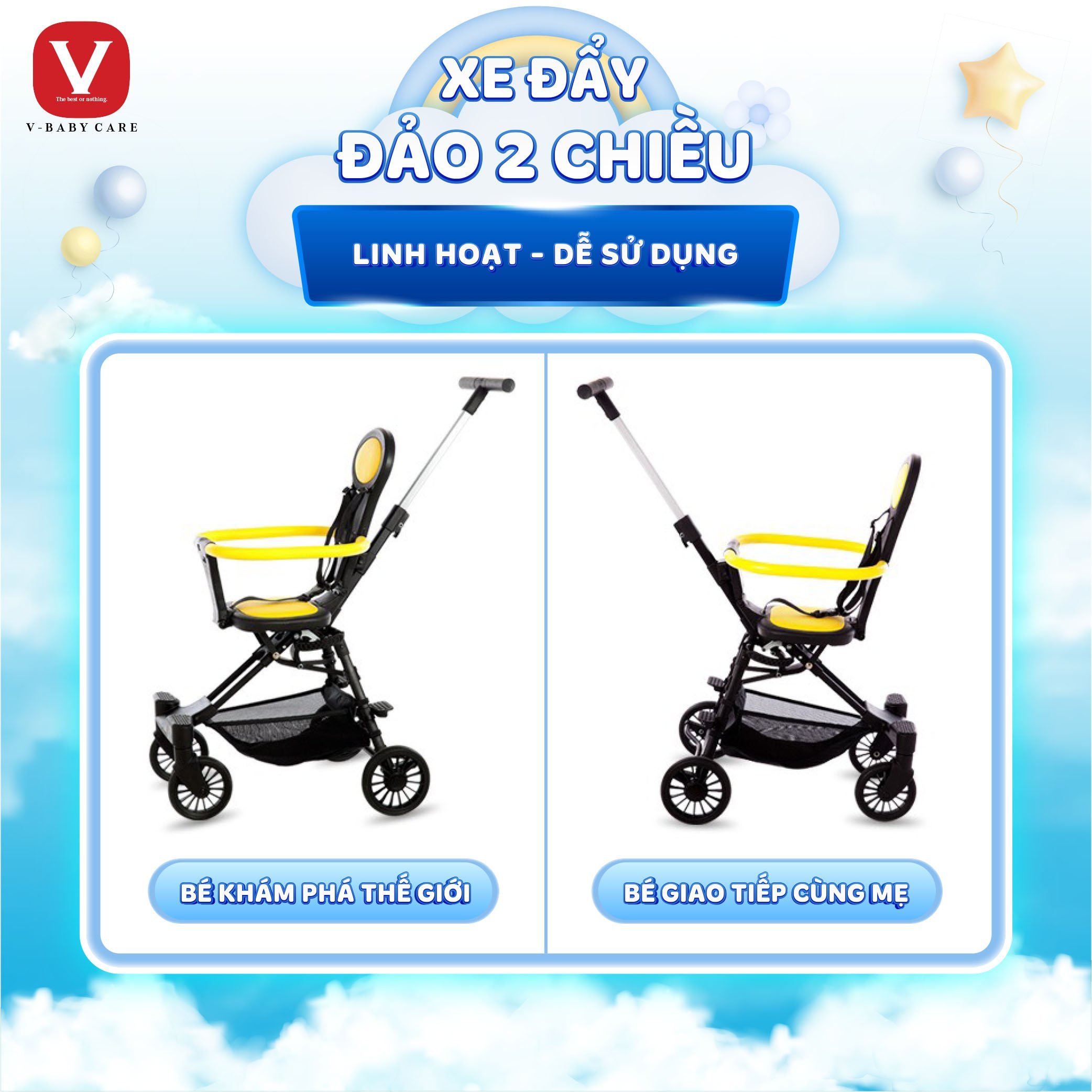 XE ĐẨY ĐẢO CHIỀU GẤP SIÊU GỌN V-BABY Q2 CÓ ĐAI AN TOÀN