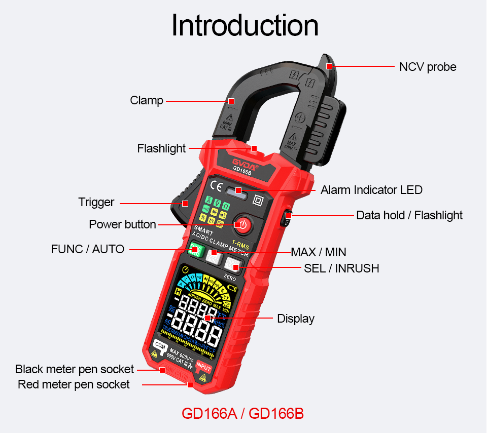GVDA Auto Range 6000 Count True RMS NCV DC AC Voltage Inrush Current Tester Digital Clamp Meter Multimeter Resistance Capacitance Temperature Measurement Tester Automatic Voltmeter