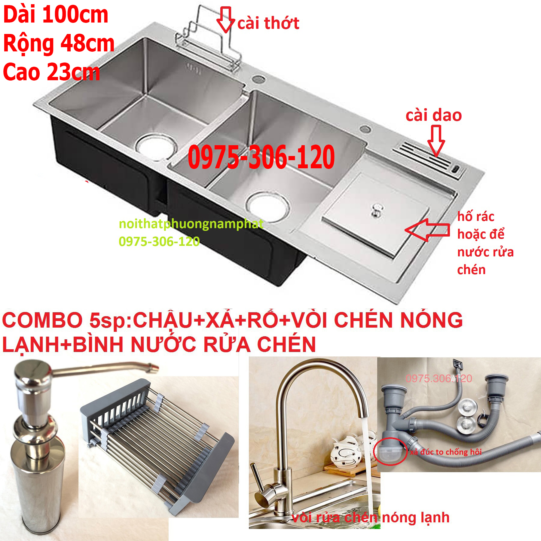 [CHẬU ĐÚC] Combo Chậu Rửa Chén Bát INOX 304 N3 10048 NA.GRAND và Xả Chậu và Rổ Rút Đa Năng và Vòi Rửa Chén Nóng Lạnh và Bình Đựng Nước Rửa Chén