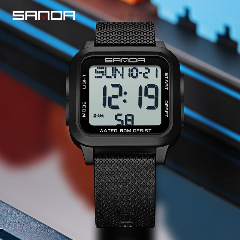 Sanda Square Solid Color Watch Retro Trendy Night Light Waterproof Electronic Men's Watch SD2194-4.