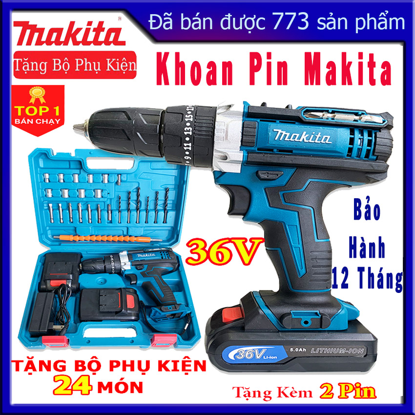 Máy Khoan Pin Cầm Tay Makita 36V - Khoan Không Dây Makita Tặng Bộ 24 Phụ Kiện - Máy Khoan Pin Bắn Vít