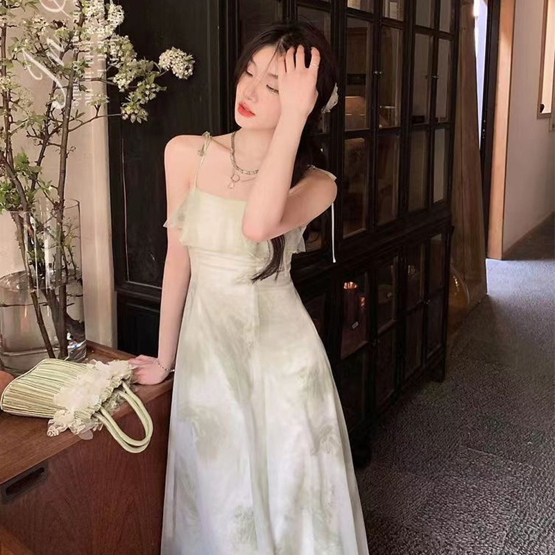 NICK Sling maxi Xù Hoa Váy cộc tay