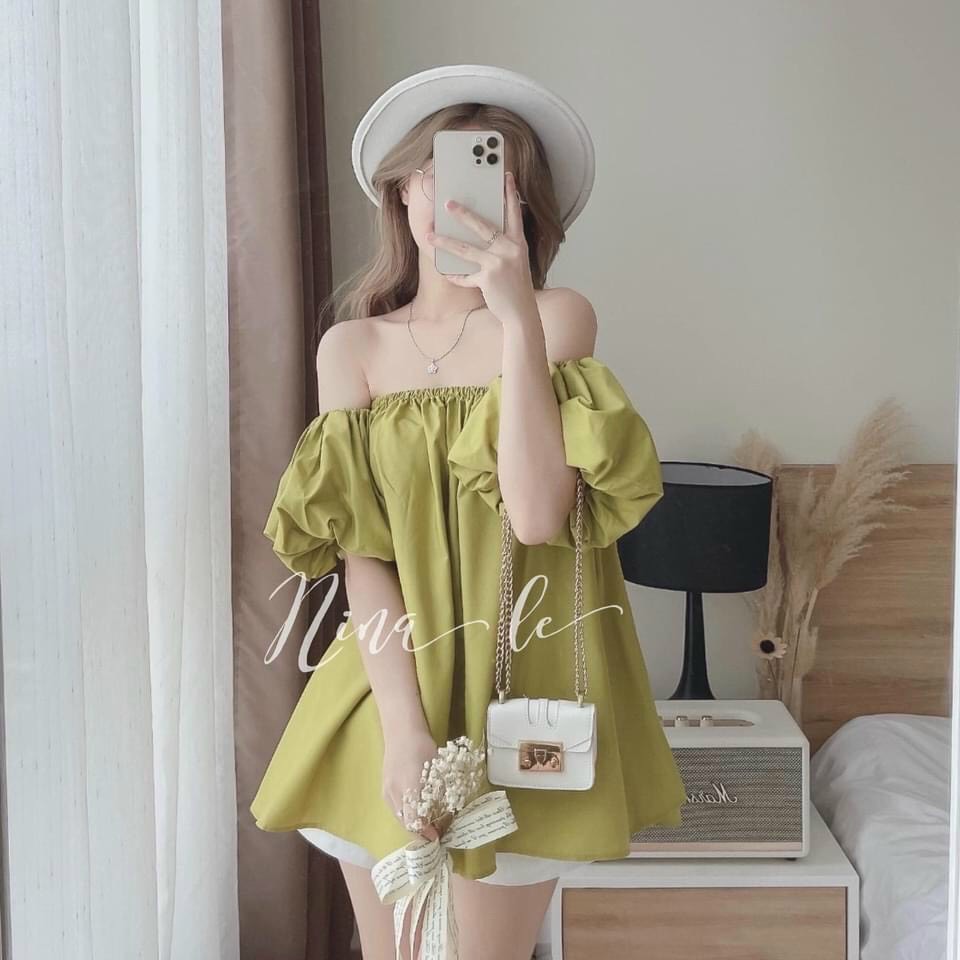 Sét bộ đồ nữ áo kiểu trể vai tay phồng phối quần đùi trắng - áo kiểu trể vai babydoll, quần short, sét áo trể vai from rộng trẻ trung