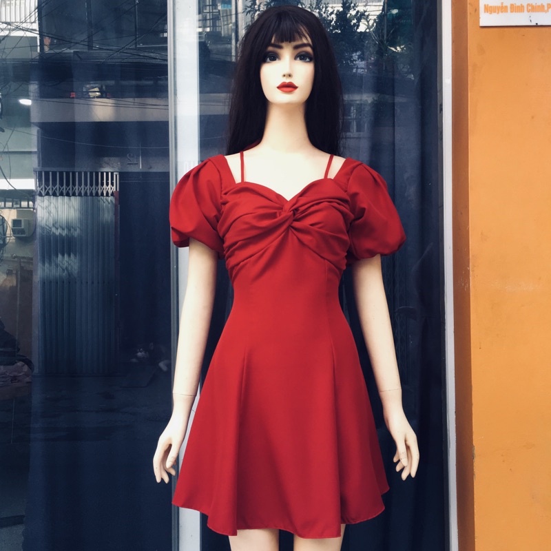 Đầm xoắn ngực nơ vai 2 màu