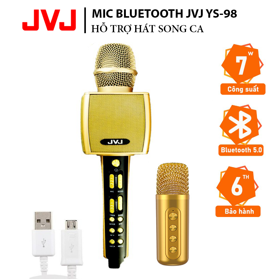 Micro Karaoke Bluetooth YS98 JVJ kèm loa không dây tích hợp giả giọng, thu âm chất lượng nhu sound card - kèm bộ thu tín hiệu qua loa rời, bộ 2 mic hát song ca, bass lớn, giọng yếu hát tốt- Bh 6 tháng kèm thẻ bảo hành chính hãng