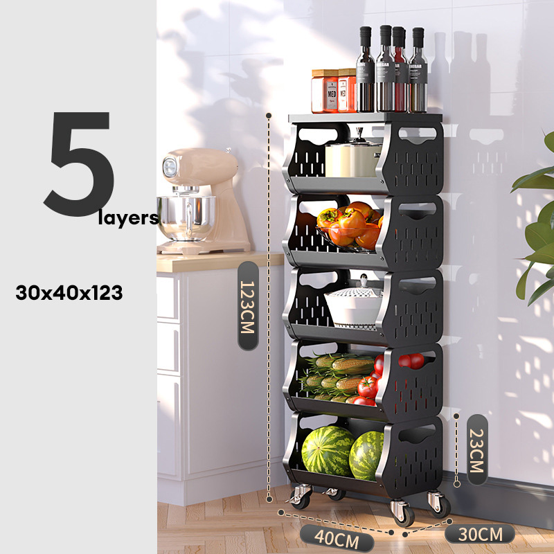 Kitchen vegetable basket shelves, multi-layer floor-to-ceiling movable to put fruits and vegetables for storage, household multi-functional trolley