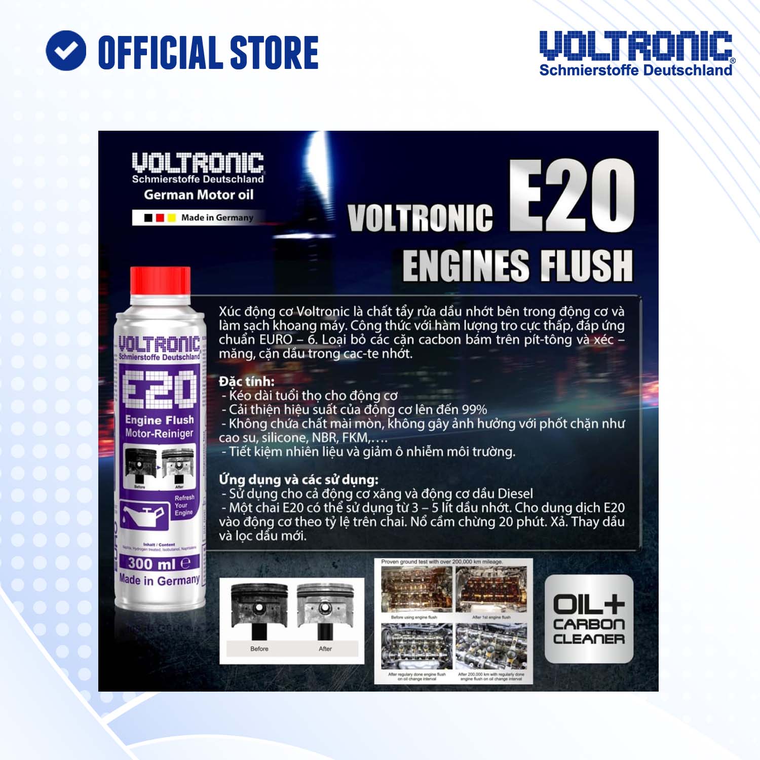 PHỤ GIA VỆ SINH SÚC RỬA ĐỘNG CƠ NHẬP KHẨU ĐỨC VOLTRONIC E20 ENGINE FLUSH